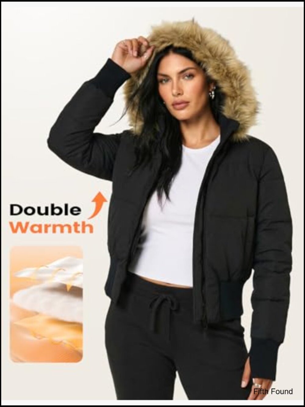 Cropped Puffer Jacket Winter Quilted Faux Fur Hood Bomber Coat - Picture 5 of 7